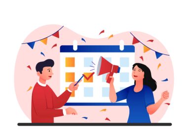 Deux personnes devant un agenda qui fête un évènement avec des guirlandes et des cotillons