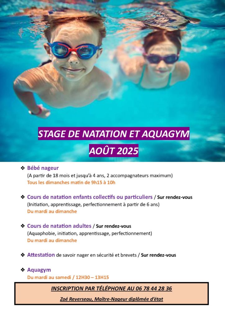 information sur les cours de piscine pour aout 2025