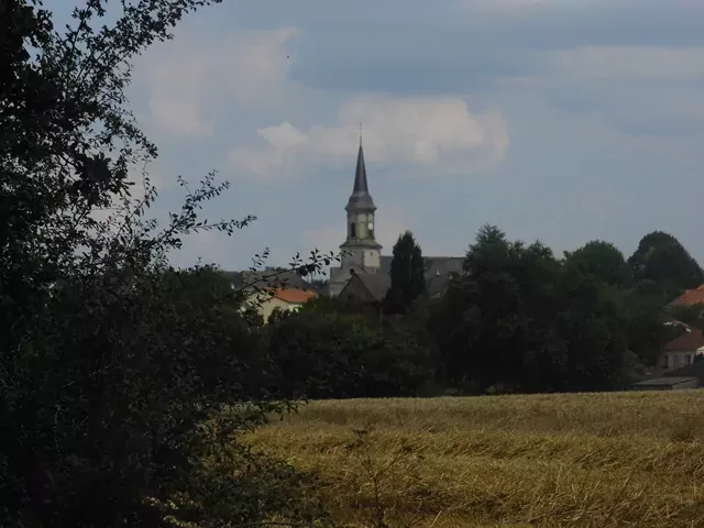 L'église de Beausse visible en second plan derrière des arbres