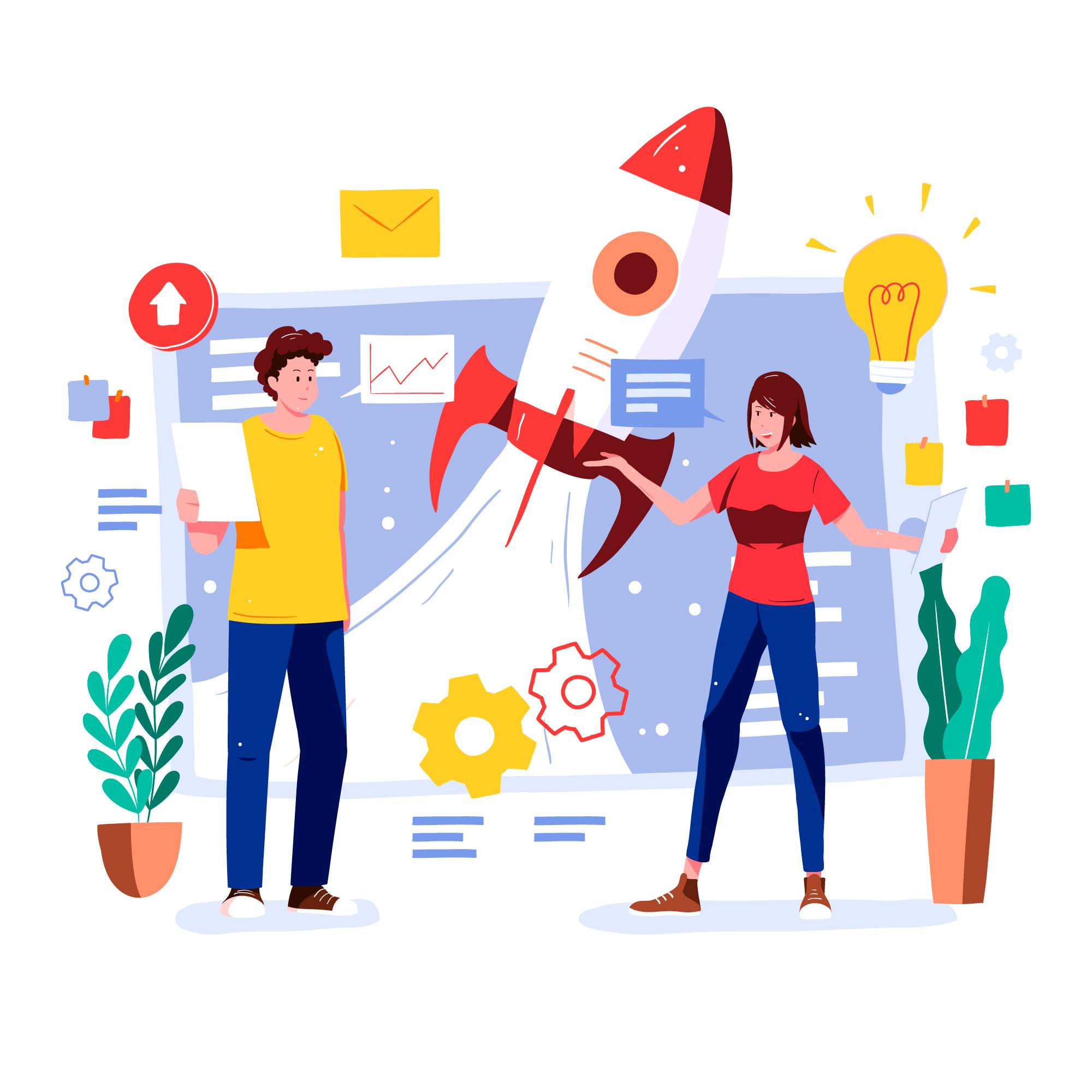 Deux personnages discutent et sont entourés de dessins d'engrenages, ampoules, mémos et statistiques pour représenter des idées en action