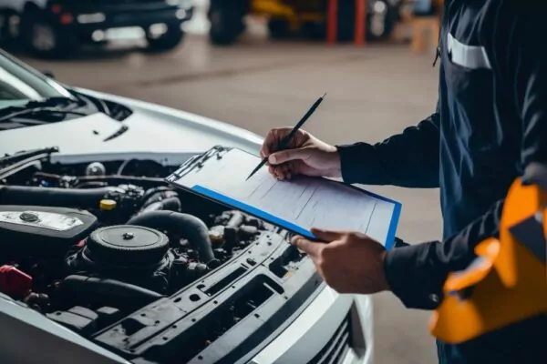 voiture avec le capot ouvert une personne qui fait un contrôle technique sur une feuille