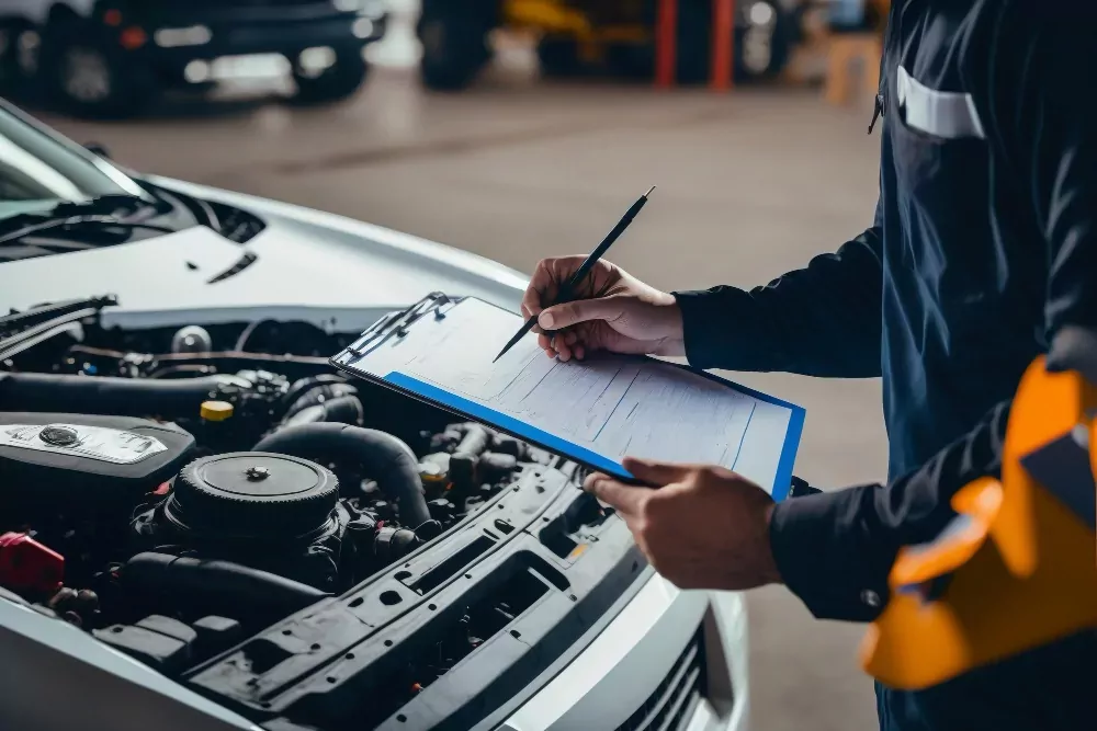 voiture avec le capot ouvert une personne qui fait un contrôle technique sur une feuille