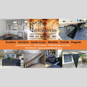 Logo et photos de chantier de l'entreprise Ma Métallerie, concepteur d'escaliers, de portails, de meubles et portes métalliques