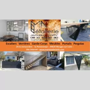 Logo et photos de chantier de l'entreprise Ma Métallerie, concepteur d'escaliers, de portails, de meubles et portes métalliques