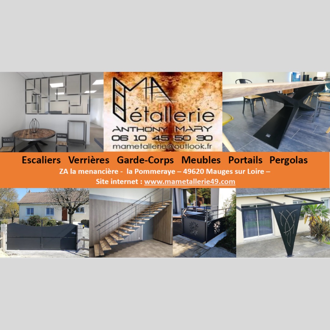Logo et photos de chantier de l'entreprise Ma Métallerie, concepteur d'escaliers, de portails, de meubles et portes métalliques