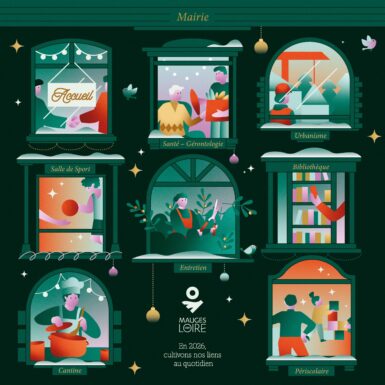 huit fenêtres représentant des agents en mairie