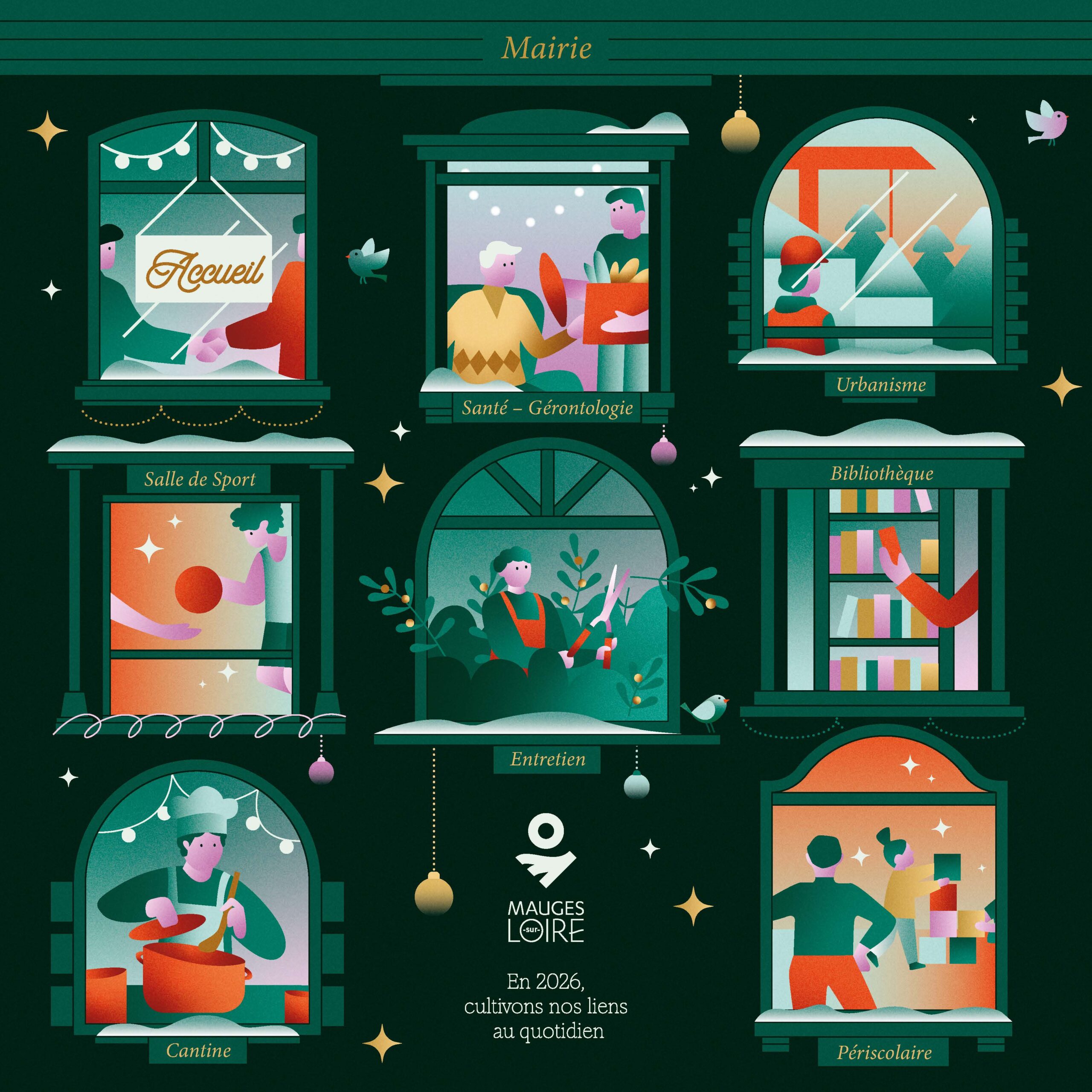 huit fenêtres représentant des agents en mairie