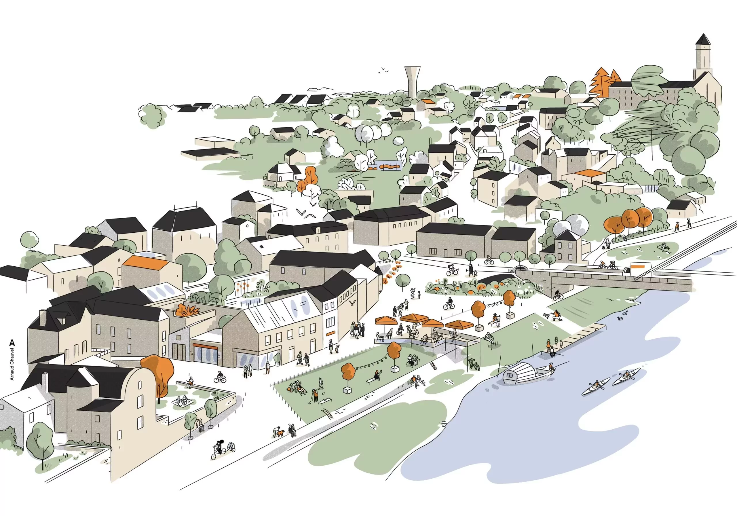 Illustration urbanisme d'Arnaud Chauvel d'un quai de Loire