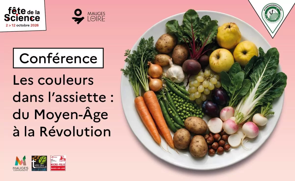 Visuel affiche de la conférence de la Semaine de l'Alimentation avec une assiette remplie de légumes/fruits