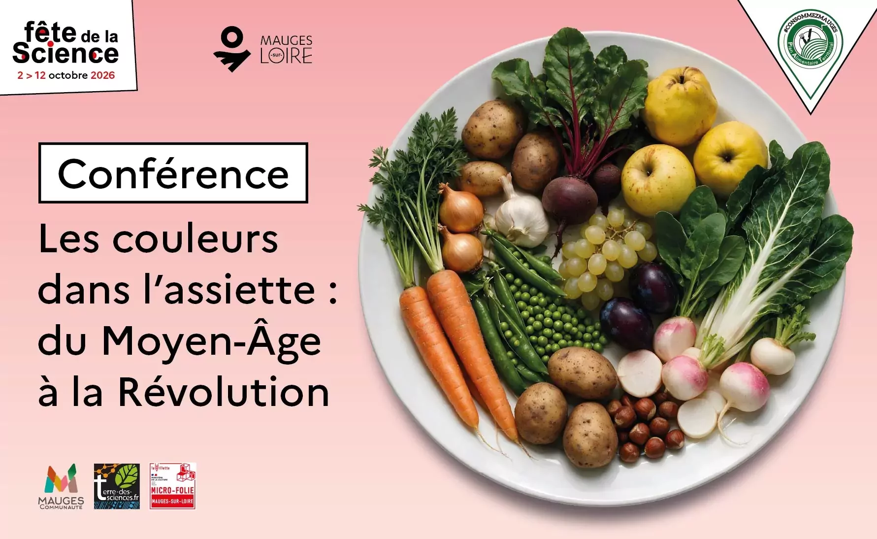 Visuel affiche de la conférence de la Semaine de l'Alimentation avec une assiette remplie de légumes/fruits