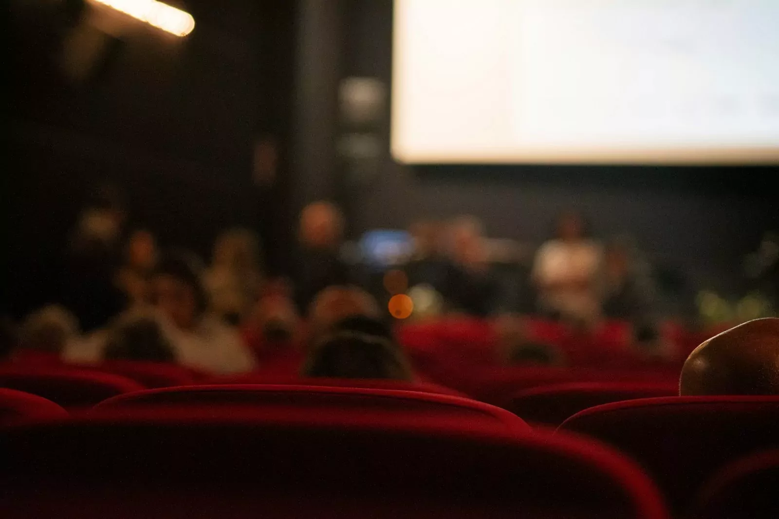 A blurry photo of people in a movie theater
