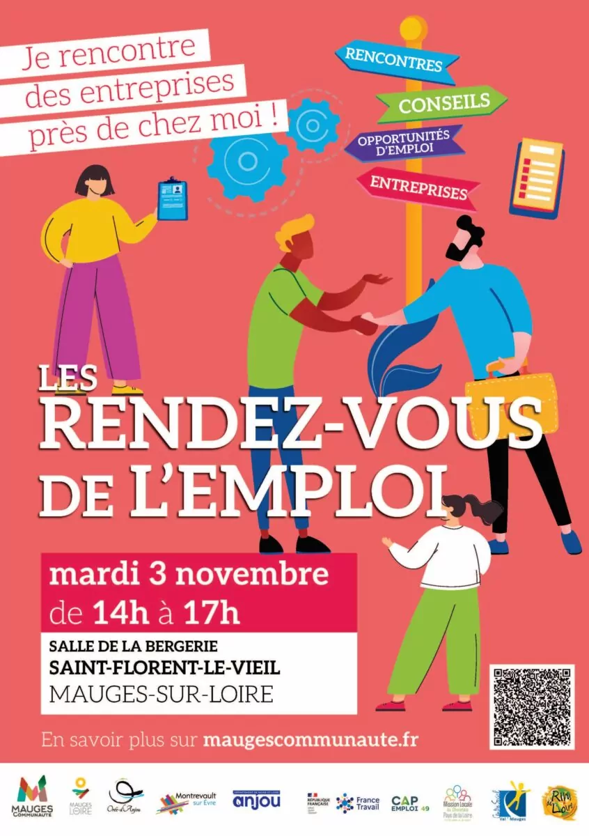 Affiche des rendez-vous de l'emploi représentant plusieurs personnes en dessin se rencontrant et se serrant la main